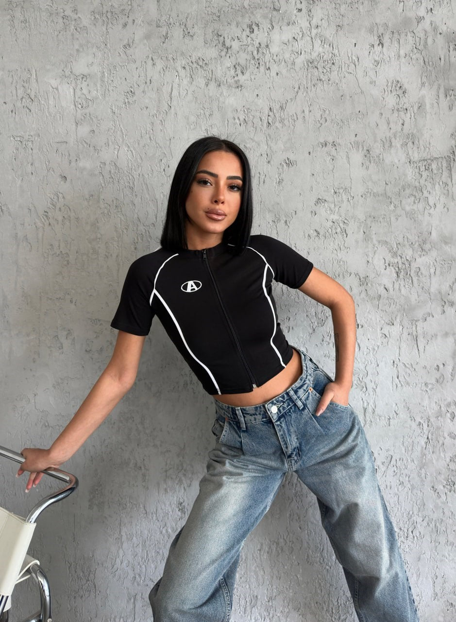 Hoodie Outdoor Y2K Line Detail Fermuarlı Street SiyahFermuarlı Crop