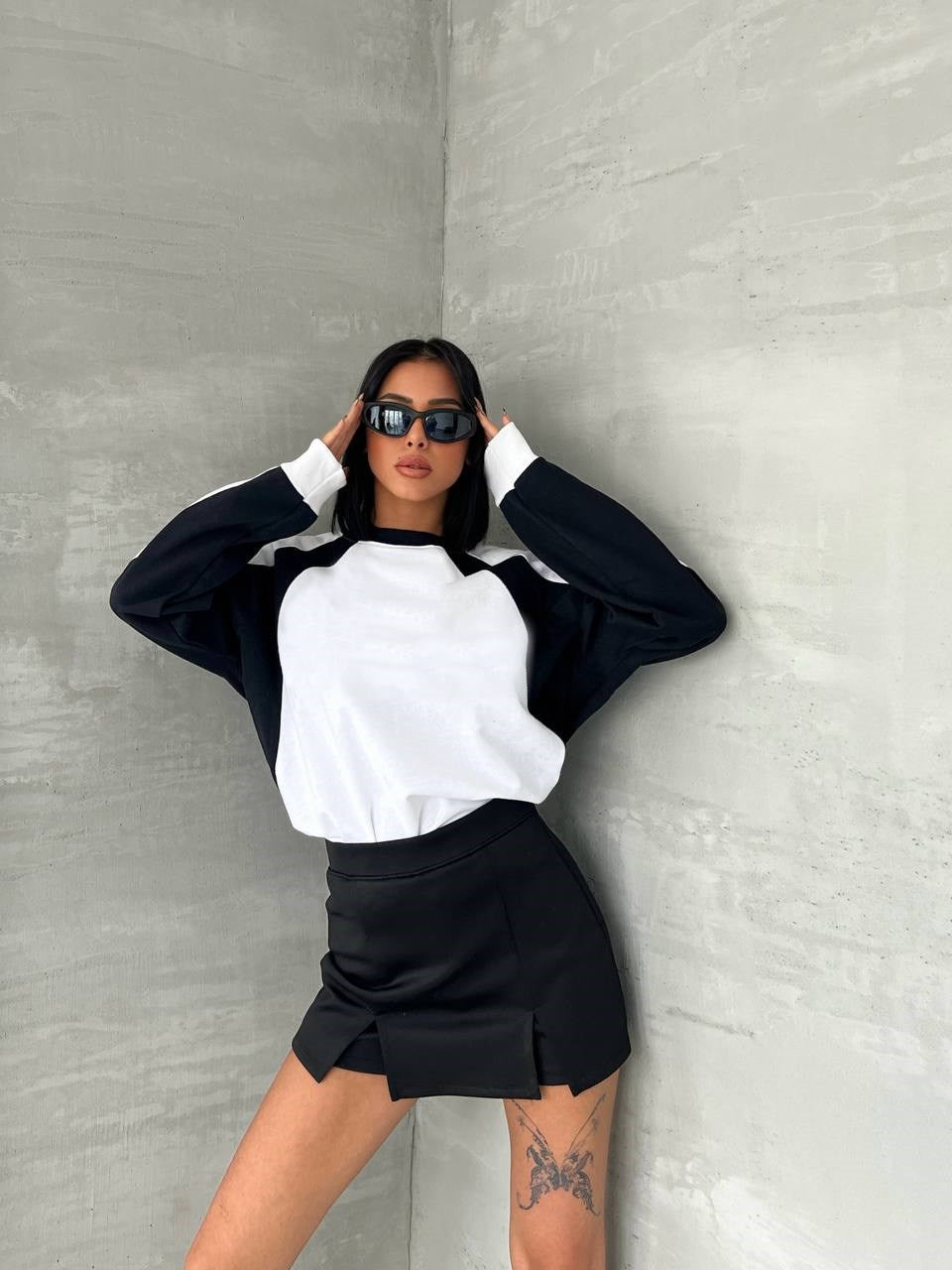 Day Light Y2K Streetwear Line Detail Unisex Oversize Bisiklet Yaka Siyah Sweatshirt