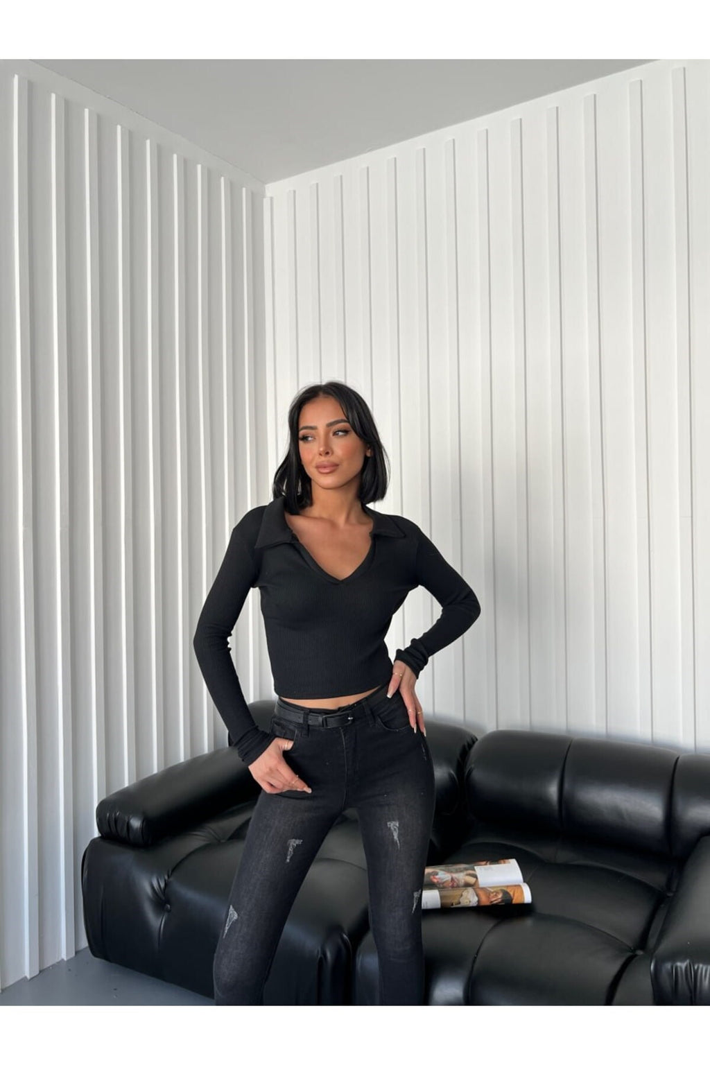 Siyah Crop Polo Yaka Bluz Outdoor Streetwear Y2K DLY