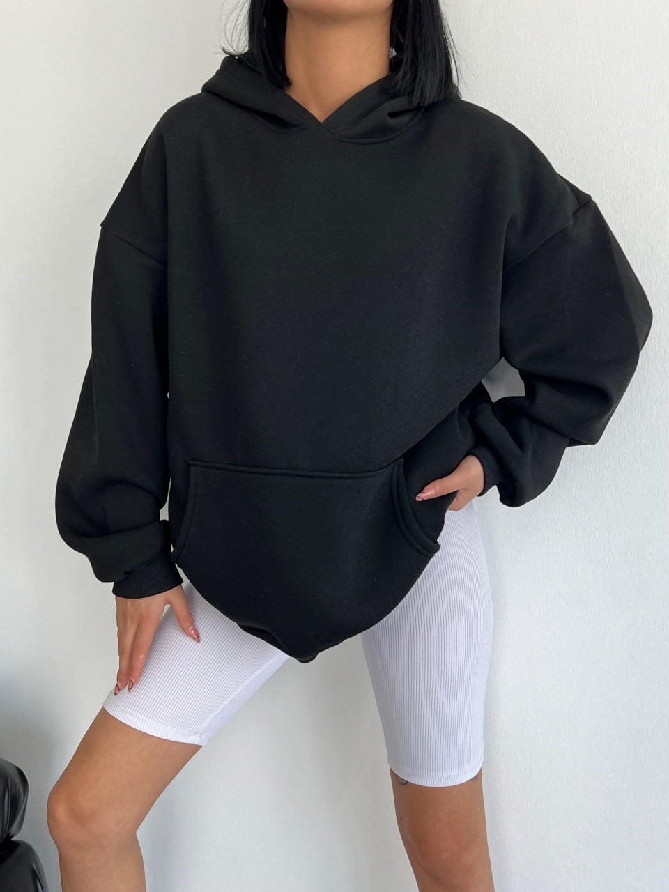 3 İplik Y2k Tech Basic Oversize Siyah Unisex Hoodie Unisex Kapşonlu Sweatshirt