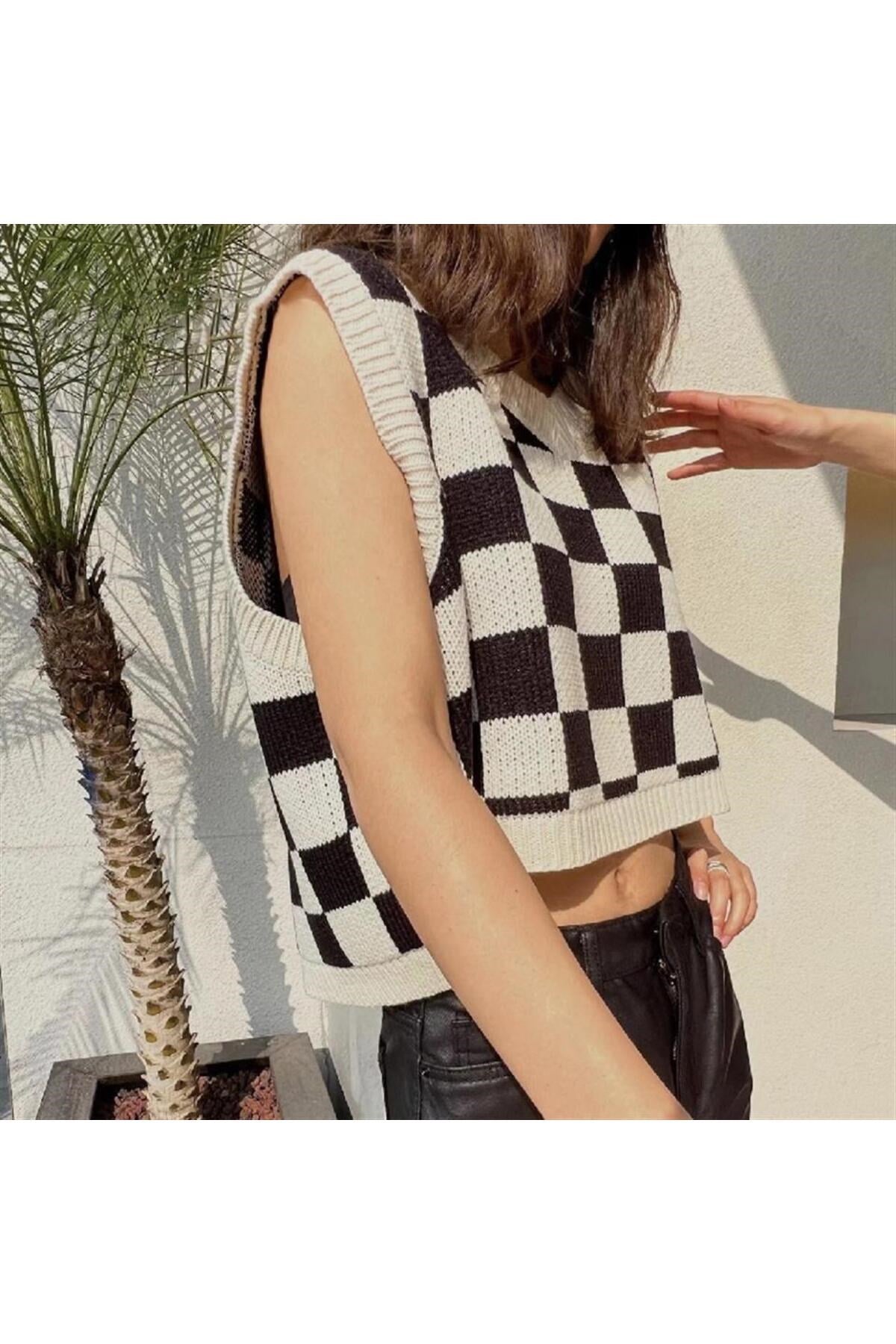 Harajuku Siyah Beyaz Kareli Oversize Unisex Süveter