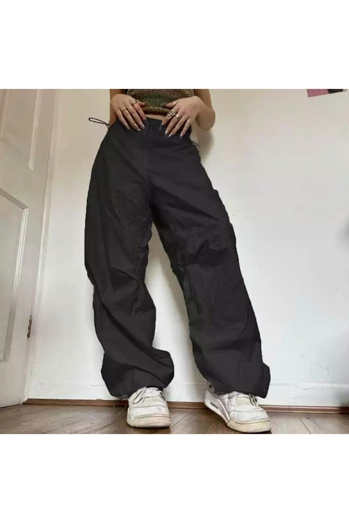 Unisex Siyah Tactical Baggy Bol Kalıp Bel Lastikli Oversize Pantolon Dly