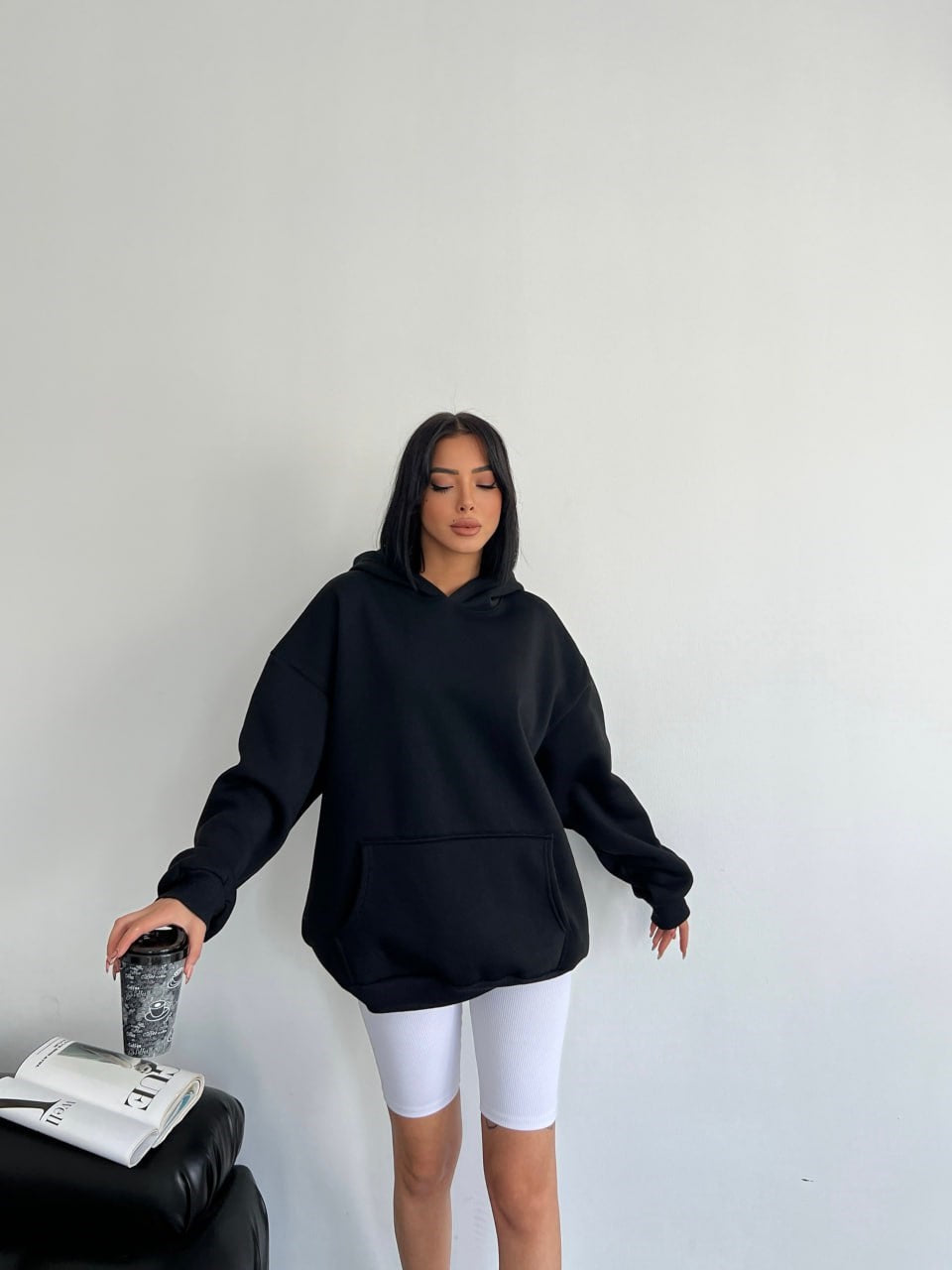 3 İplik Y2k Tech Basic Oversize Siyah Unisex Hoodie Unisex Kapşonlu Sweatshirt