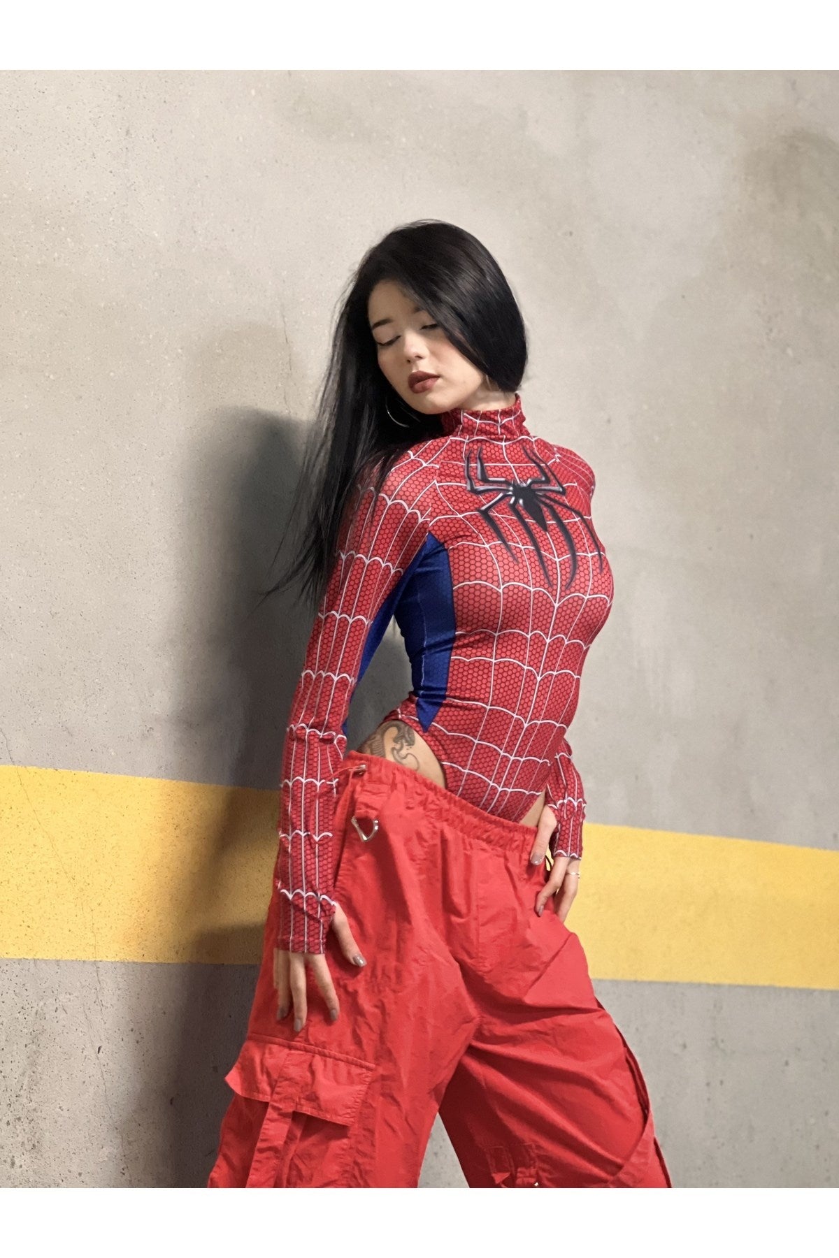 Cosplay Retro Red-Spider Çıtçıtlı Body